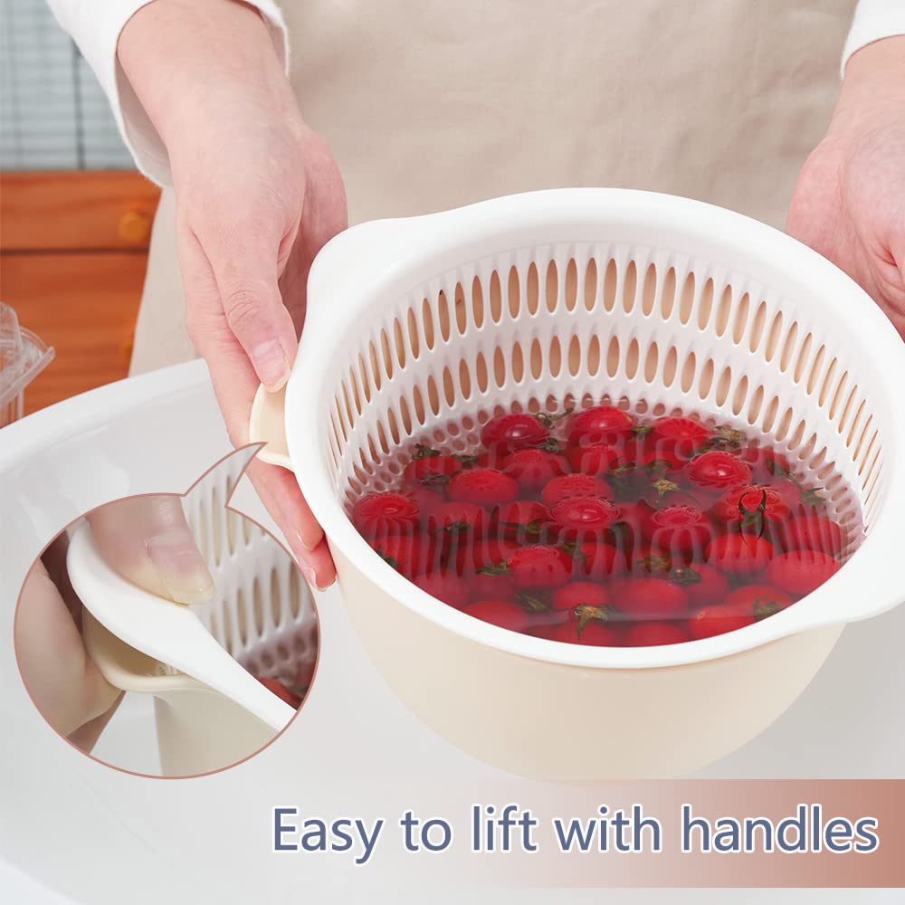 2 in 1 Kitchen Colander Set with Bowl Strainer (2 Sets 2.5 Qt),BPA Free Plastic Fruits and Vegetable Washing Basket,Dishwasher Friendly Double Layered Drain Basin,for Pasta Salad Berry Cleaning Mixing