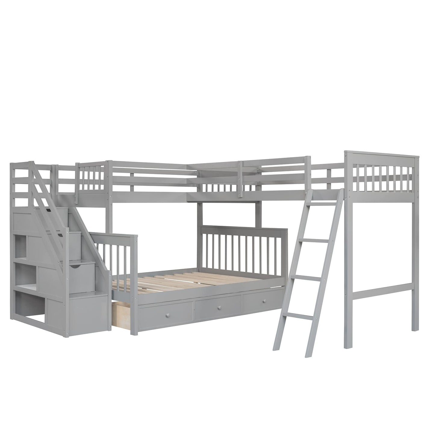 Merax Bunk Bed with a Loft Attached, Triple Bedframe with Drawers, Guardrails and Ladders, Gray Platform, L-Shaped Twin Over Full