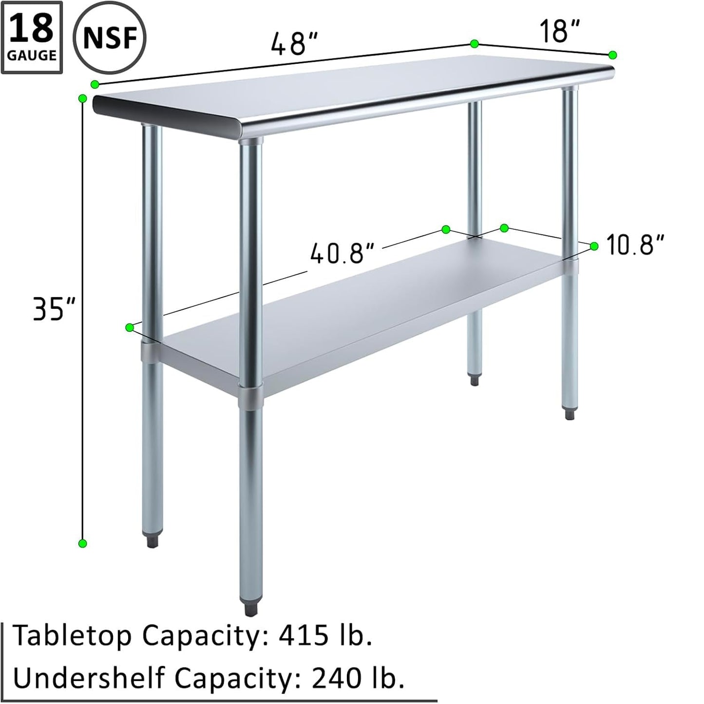 KPS Commercial Stainless Steel Work Prep Table – 18" x 48" NSF Certified Heavy-Duty Table with Adjustable Undershelf for Restaurant, Kitchen, or Garage Use