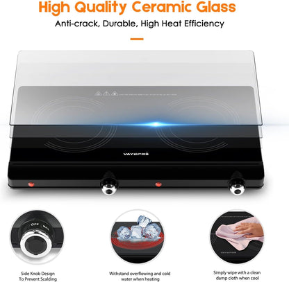 Infrared Double Burner Electric Cooktop - 1800W Portable Stove, Heat-up In Seconds, Countertop Cooktop for Dorm, Compatible with All Cookware