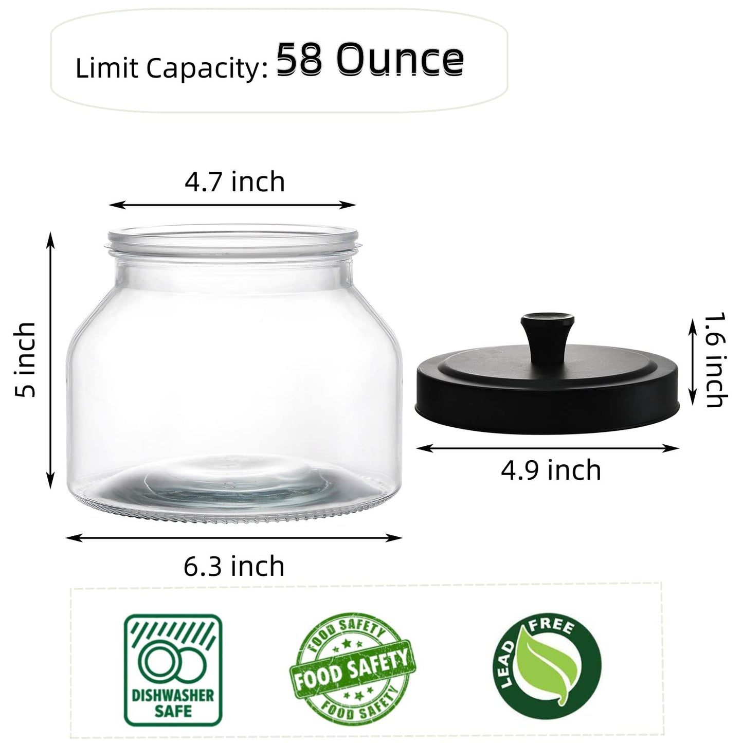AVLA 3 Pack Glass Jars with Metal Lid, 58 OZ Clear Round Cookie Candy Jar, Food Storage Container with Black Lid, Empty Canister Set for Kitchen Counter, Pasta, Dog Treat, Snack