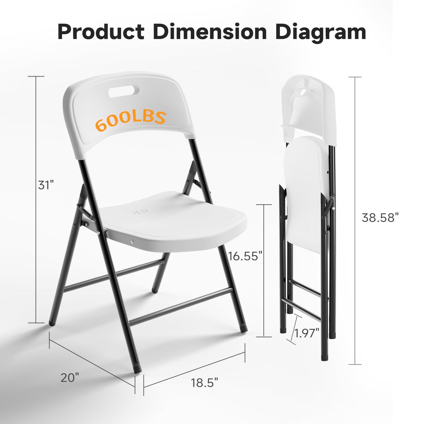 Ortus Collective Folding Chairs, 600lbs Capacity, Heavy-Duty Commercial Stackable Plastic Foldable Chairs for Indoor/Outside, Office, Kitchen, Party, Patio(White, 20 Pack)