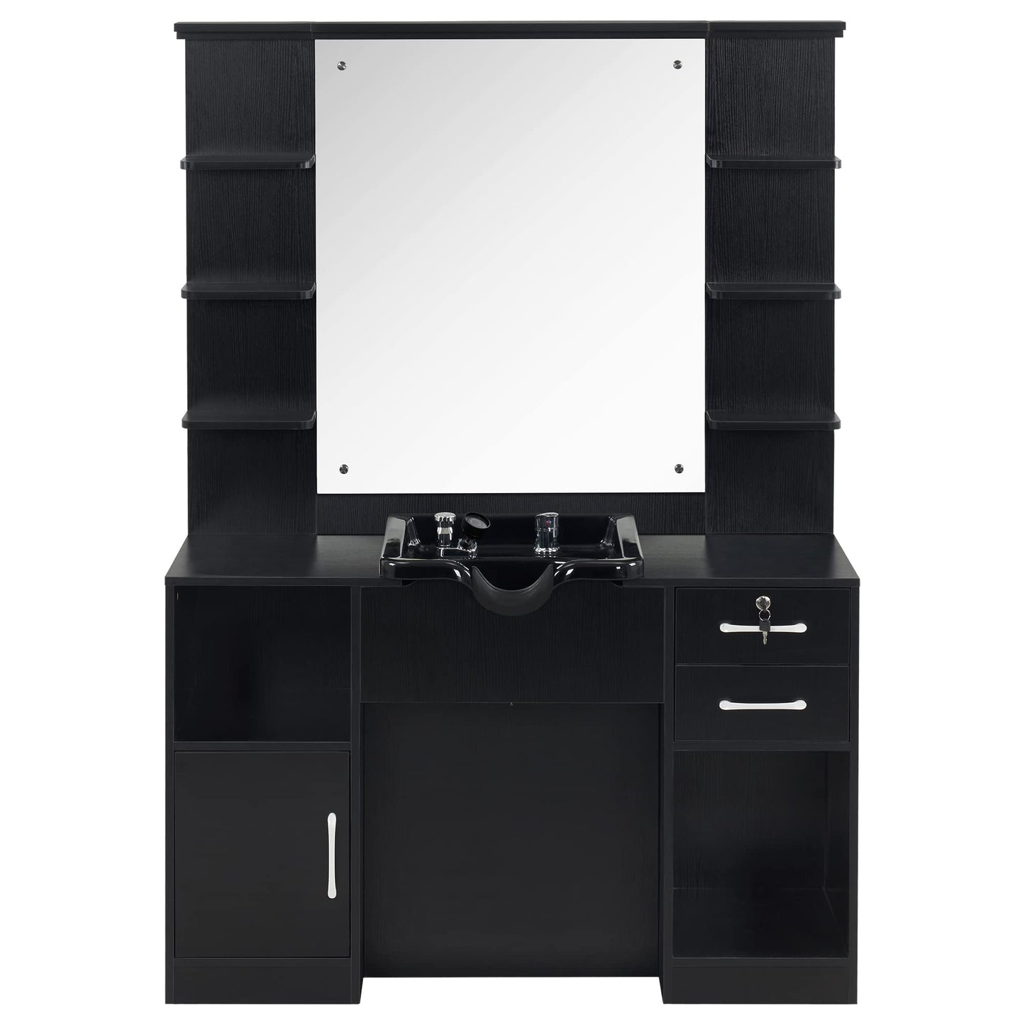 BarberPub Wall Mount Storage Station with Mirror Shampoo Bowl High-end Styling Beauty Salon Furniture Set 3145 (Black)