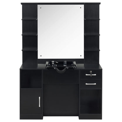 BarberPub Wall Mount Storage Station with Mirror Shampoo Bowl High-end Styling Beauty Salon Furniture Set 3145 (Black)