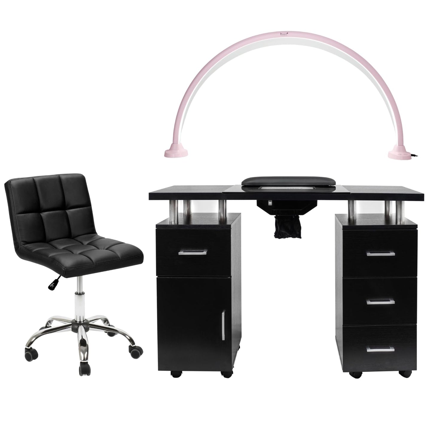 Manicure Table Glasglow II Salon Set with Luna LED Nail Lamp and TOTO Nail Technician Stool, Salon Nail Table Salon Furniture & Equipment, Black & Pink Set