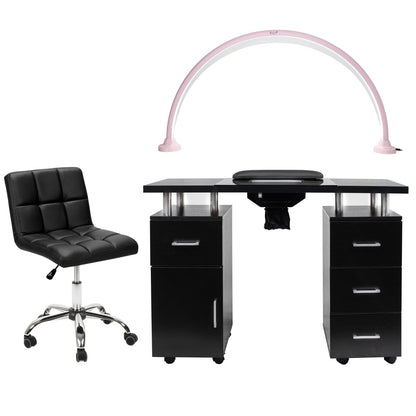 Manicure Table Glasglow II Salon Set with Luna LED Nail Lamp and TOTO Nail Technician Stool, Salon Nail Table Salon Furniture & Equipment, Black & Pink Set