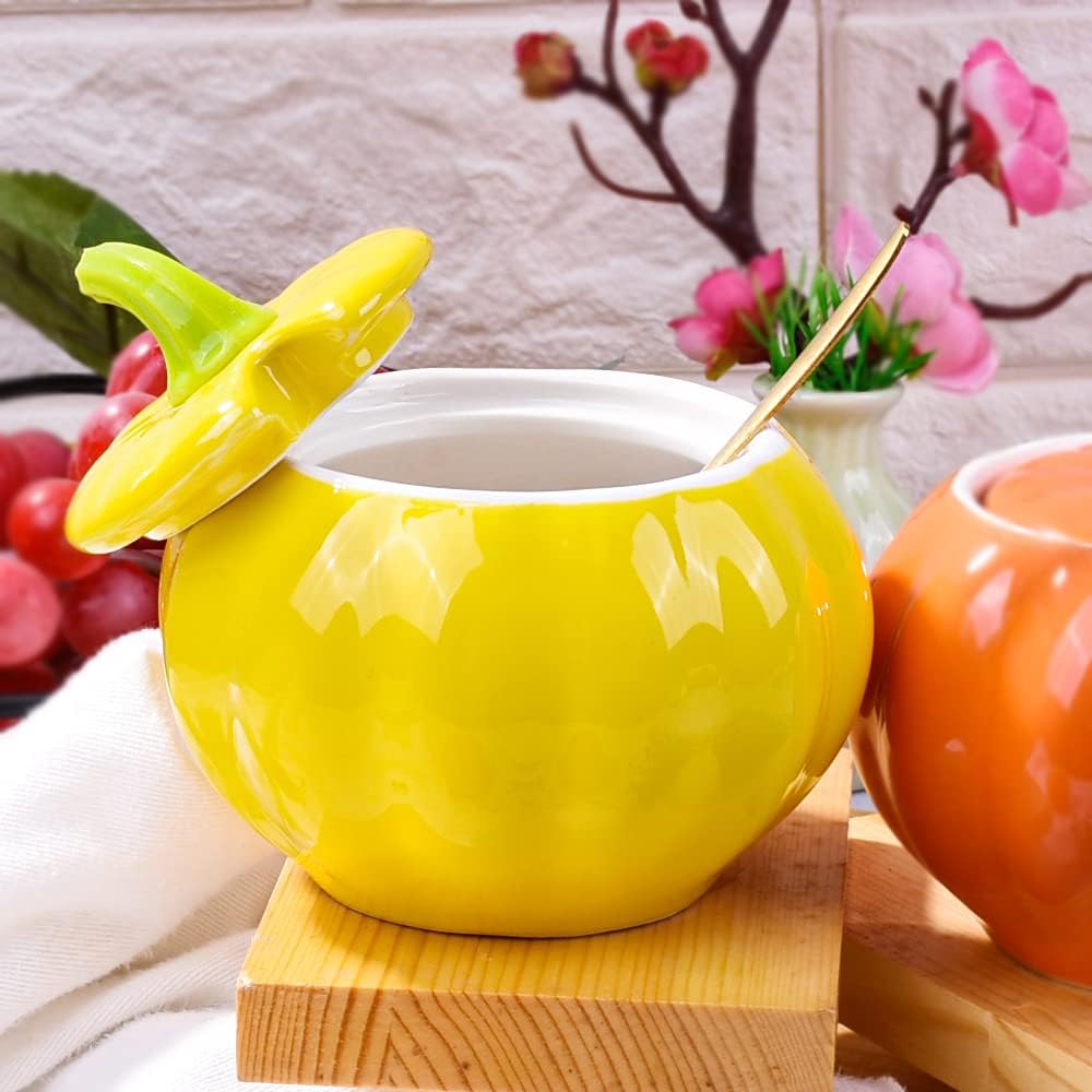 Pumpkin Shape Ceramic Sugar Bowl with Lid and Spoon, Elegant Design for Home and Kitchen, Yellow, 10.5 OZ