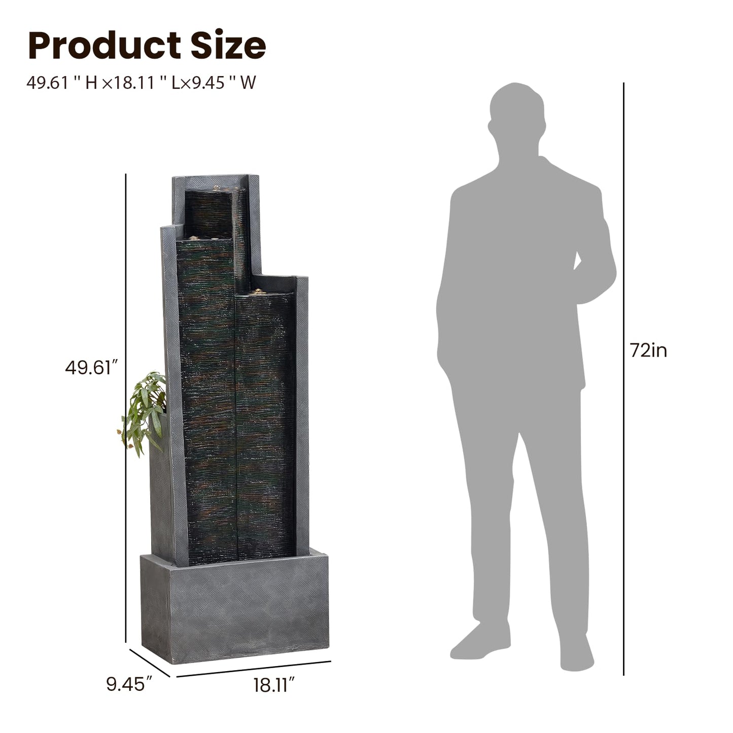 49.6" H Modern Water Outdoor Fountain,Garden Cascading Indoor Resin Water Fountains Tall Floor - Standing Fountain with LED Light for Patio, Yard, Deck and Home Decor