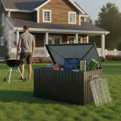 215 Gallon Outdoor Storage Box, Metal Deck Box with Waterproof UV-Resistant and Hydraulic Rod Design for Poolside, Patio, Backyard (Medium)