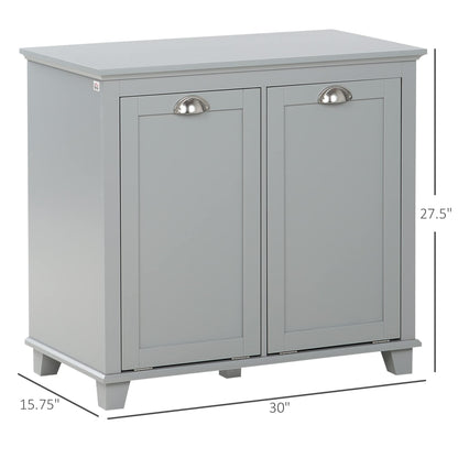 Tilt Out Laundry Sorter Cabinet, Bathroom Storage Organizer with Two Compartment Tilt Out Hamper, Gray