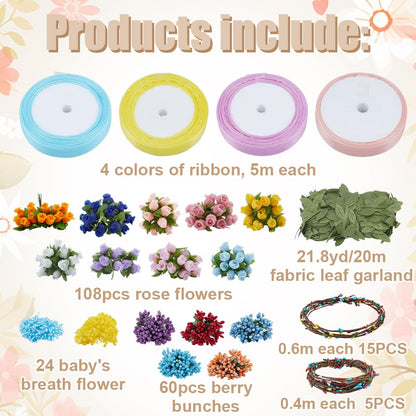 ACRNIGHEET 20 Sets DIY Flower Crown Making Kit, Fairy Party Favors Floral Headband and Bracelet, Make Your Own Crown Garland Kits, Rosebud Flowr Crowns Kit for Princess Women Wedding Birthday Party