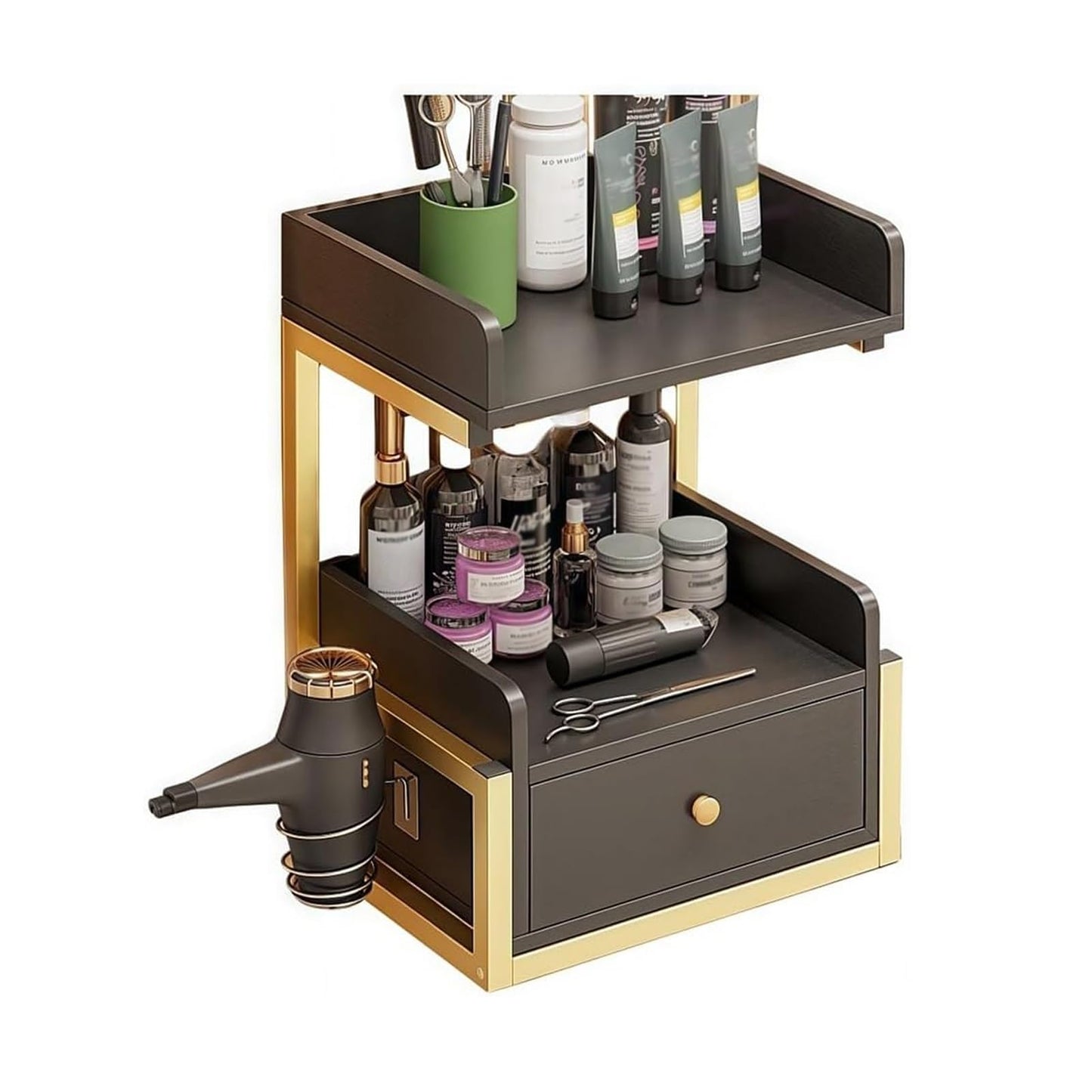ZGSYH Suspended Salon Wall Cabinet,2 Tiers Wall Mount Salon Station with Drawer and Hair Dryer Stand,Barber Station for Barbershop,Home,Beauty Shops(Black-Gold)