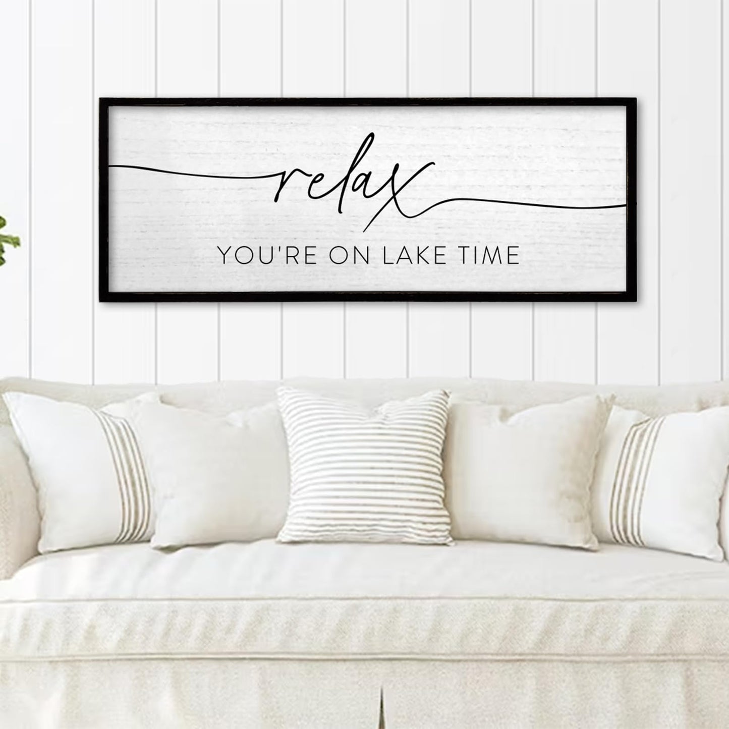 TQianJiang Relax You're On Lake Time Wall Decor 32"×12" Lakeside Quote Sign Lake House Decor for Living Room Bedroom Large Rustic Wooden Framed Wall Hanging Art (Black)