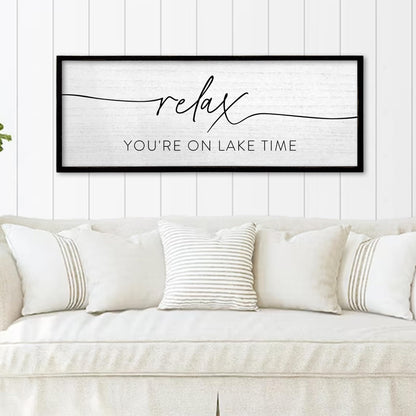 TQianJiang Relax You're On Lake Time Wall Decor 32"×12" Lakeside Quote Sign Lake House Decor for Living Room Bedroom Large Rustic Wooden Framed Wall Hanging Art (Black)