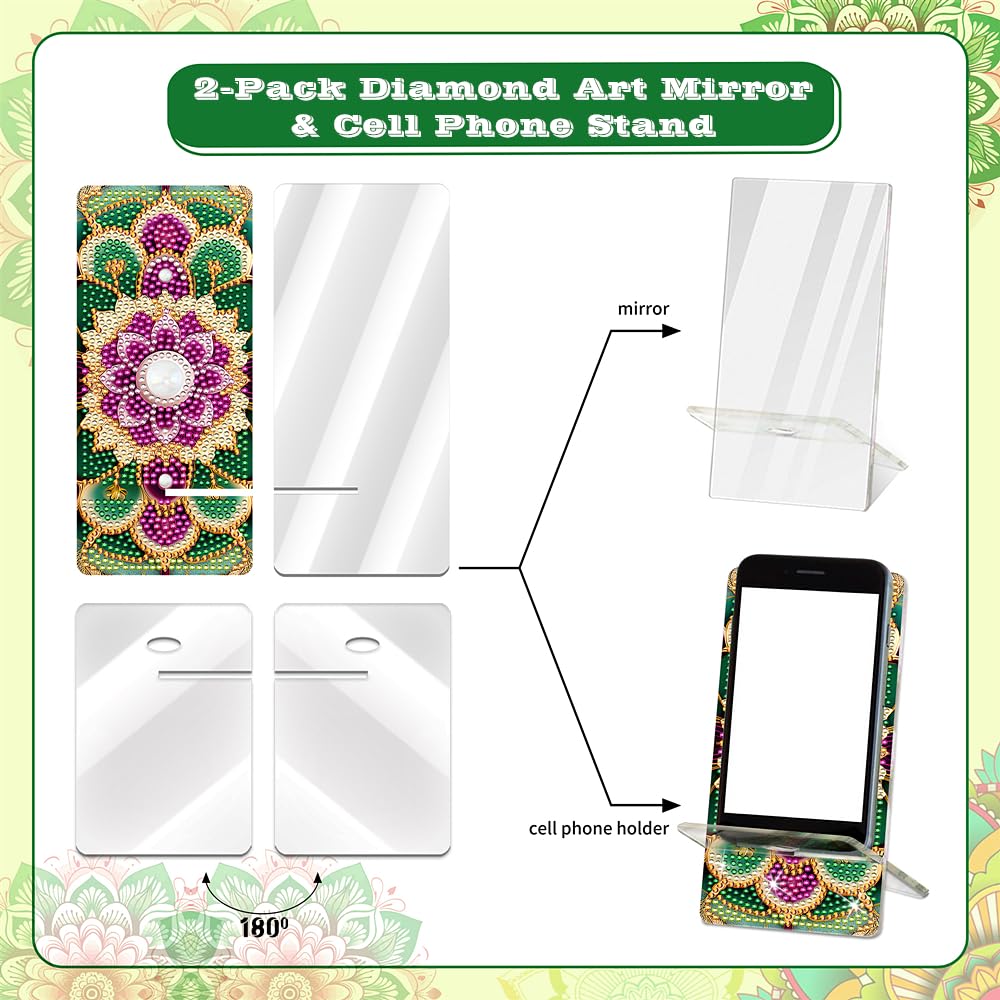 NIHO-JIUMA Diamond Art Phone Holder Kits Flower, DIY Diamond Painting Acrylic Phone Stand & Mirror, Craft Gift for Adults/Teen