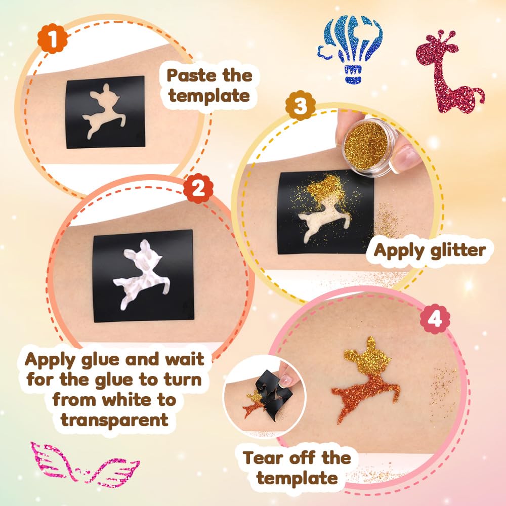 Glitter Tattoo Set, Bledras 36 Colors Kids Tattoo Set, 178 Stencils, 5 Brushes, 2 Glue, Flash Tattoo Kit for Girls, Boys and Adults, Carnival Festival, Cosplay Parties, Games (Orange)
