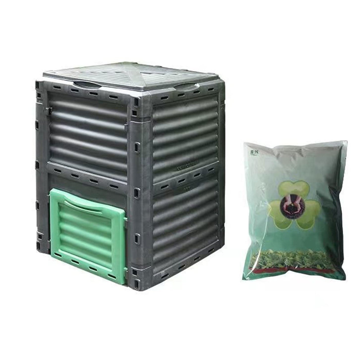 Kitchen Compost Bin,300L (80 Gallons) Compost Bin with 1kg Compost Accelerator, Large Outdoor Compost Bin with Top Top Exit Door Bottom BPA Free Material Grass Food Trash