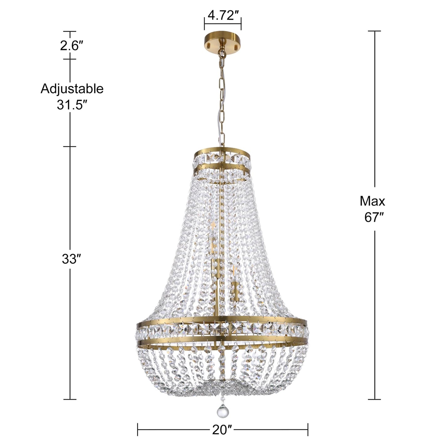 Wellmet Crystal Chandelier Light, 8 Lights French Empire Chandeliers Lighting Ceiling Fixture Hanging Pendant for Dining Living Room Foyer Kitchen Bedroom Entryway, 20''W (Brass, 20)