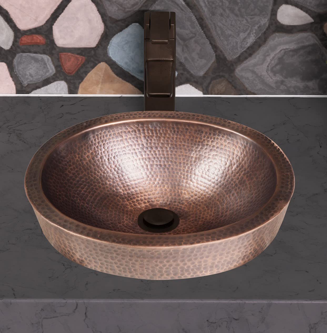 Monarch Abode Bathroom Sink – 17-Inch Oval Skirted Drop In Bathroom Sink, Top Mount Hand Hammered Pure Copper Vanity Sinks for Countertop, Powder Room or Restroom, Drop in Sinks for Bathrooms