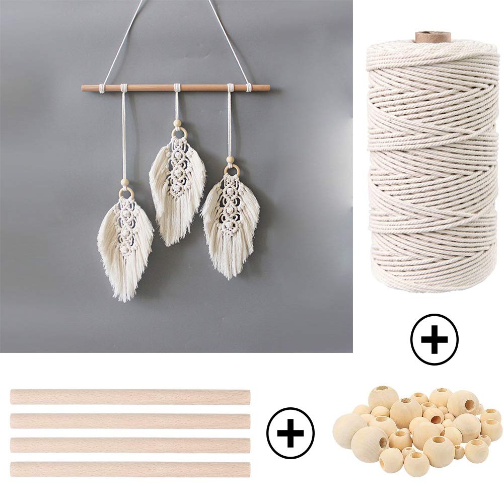 ZXCDINO 87pcs Macrame Kits for Beginners 3mm x 220yards Natural Cotton Macrame Cord Wall Hanging Kit, Macrame Supplies Best for Macrame Plant Hanger with Wooden Beads,Wooden Rings