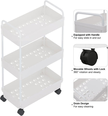 Rolling Storage Cart | 3 Tier Organizer Mobile Shelving Unit with Wheels for Kitchen, Bathroom, Laundry, White