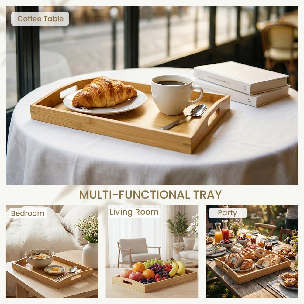 Bamboo Serving Tray with Handles - 2 Pack Wooden Food Tray for Breakfast in Bed, Eating, Decor and Storing - Decorative Trays Platter Use for Kitchen, Ottoman, Living Room, Party and Restaurant