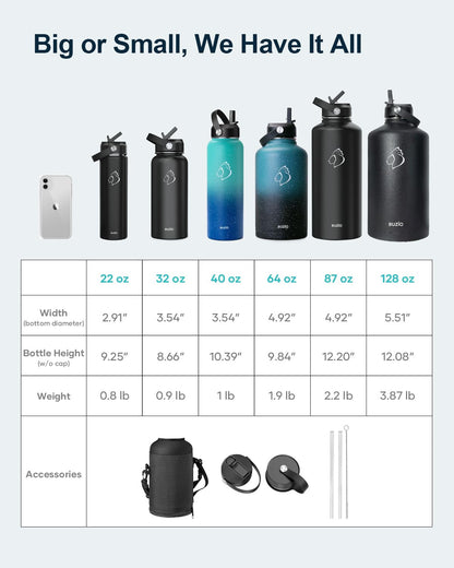 BUZIO 1180ml Insulated Water Bottle with Straw Lid and Flex Cap, 40oz Stainless Steel Drinking Bottle (Keep Cold 48 Hrs/Hot 24 Hrs) Metal Flask Leakproof Wide Mouth Thermo Canteen for Sports, Black