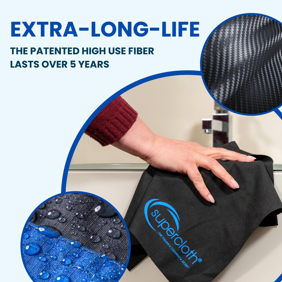 Supercloth® Premium Microfiber Cleaning Cloth for All-Purpose, Lasts Over 5 Years, Glasses Cleaning Cloth, Microfiber Cloth for Cars, Magic Reusable Cloth Streak-Free 100% Made in Italy (2pk)