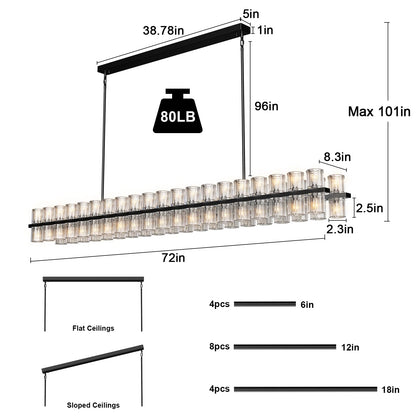 Plsintly Crystal Black Rectangular Chandelier Light Fixture,72 in Large Dining Room Chandelier Over Table,Modern Chandeliers for Living Room,Arcachon Chandeliers,Kitchen Island,Includes 80xG4 Bulbs