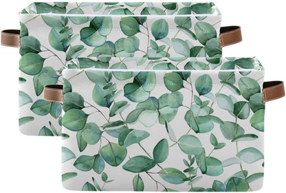 xigua Collapsible Green Leaves Storage Basket, Waterproof Canvas Toy Storage Bin with Leather Handles, 1PCS