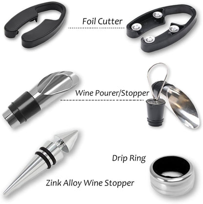 Tirrinia Wine Accessories Gift Set - Corkscrew Opener Kit, Drip Ring, Foil Cutter, Pourer & Stopper in Novelty Bottle