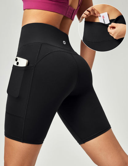Ewedoos Biker Shorts Women Tummy Control Workout Shorts with 3 Pockets High Waisted Compression Gym Running Yoga Shorts Women Black