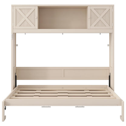 Ball & Cast Full Size Murphy Bed with Storage Cabinet,Wood Hideaway Beds,Folded Wall Bedframe for Bedroom,Guestroom,Space Saving,White