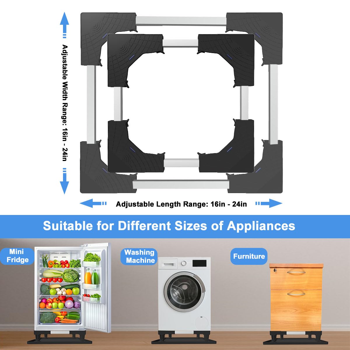 KUPAO Mini Fridge Stand with Silicone Drip Tray, Universal Adjustable Base with 4 Strong Feet, 23.6" x 23.6" Mini Fridge Mat, Suitable for Small Refrigerators, Portable Compact Washer or Dryer, Black