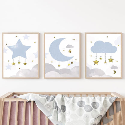 LUHDFYS Cartoon Moon and Stars Canvas Wall Art Print,Scandinavian Style Nursery Decor Poster,Blue Moon and Stars Wall
