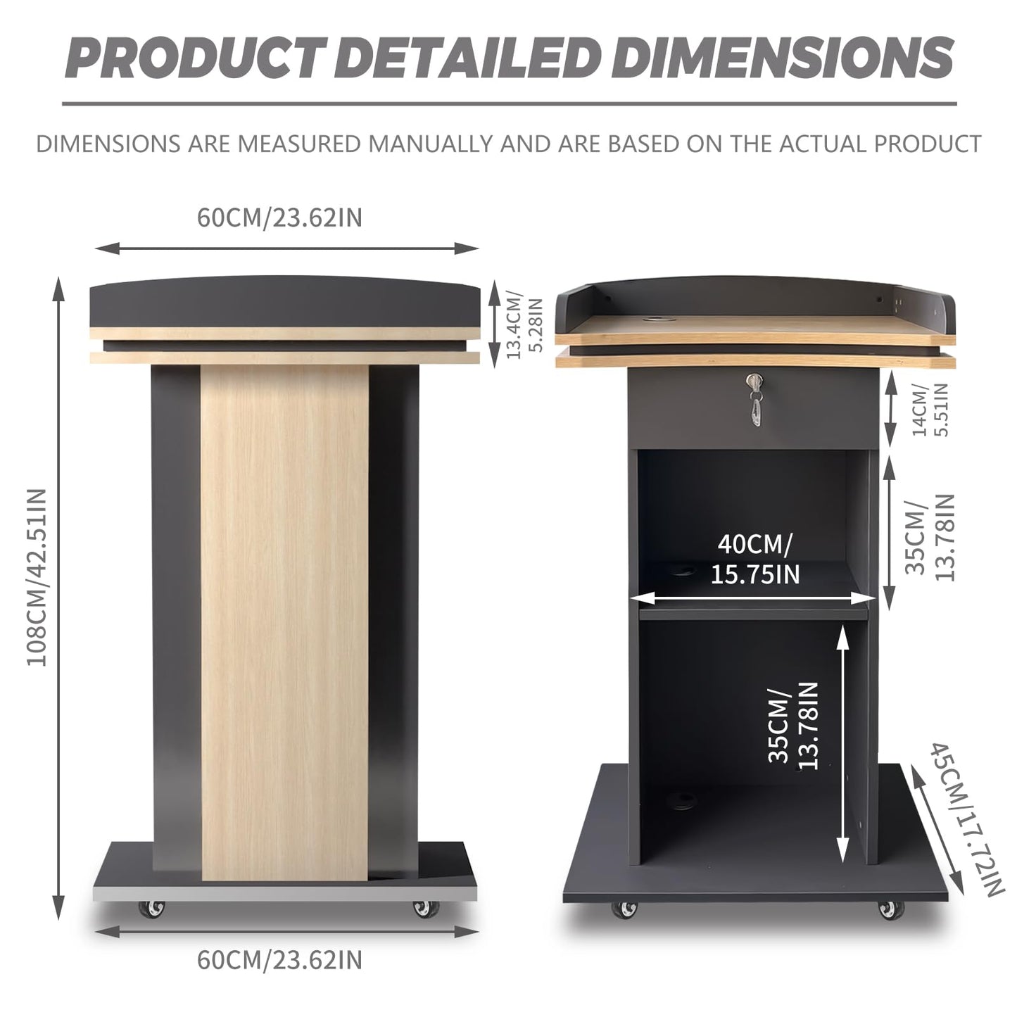 Wooden Podium Stand with Wheels, Pulpitos para Iglesias, Double-Layer Storage Pulpit, Lockable Drawer, Comes with Dust Cloth Durable and Mobile Lectern, Suitable for Churches, Classrooms,Conference.