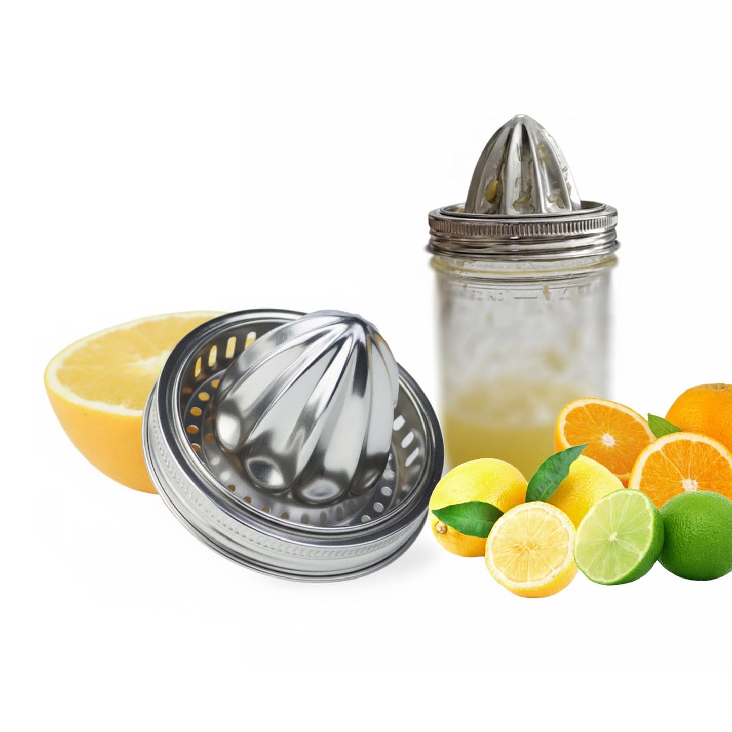 2Pcs Stainless Steel Mason Jar Juicer Lid for 3.38 Inch Wide Mouth Mason Jar, Hand Squeezer Top for Citrus Lemon Orange Manual Citrus Juicer