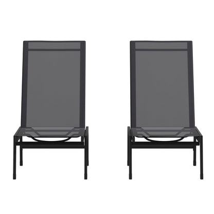 EMMA + OLIVER Braelin Adjustable Patio Chaise Lounge - Black Textilene Seat - Armless Design - 5 Recline Positions - Metal Frame - All-Weather - Set of 2