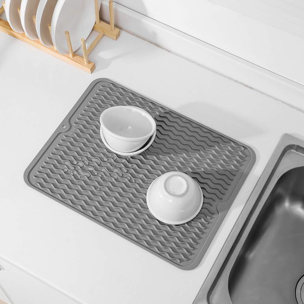 MicoYang Silicone Dish Drying Mat for Multiple Usage,Easy clean,Eco-friendly,Heat-resistant Silicone Mat for Kitchen Counter or Sink,Refrigerator or drawer liner Grey L 16 inches x 12 inches