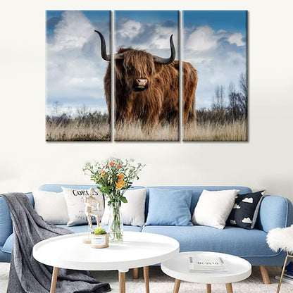 TUMOVO Brown Highland Cow Wall Art | 3 Piece Canvas Prints, 36" Wx24 H, Framed Ready to Hang Decor