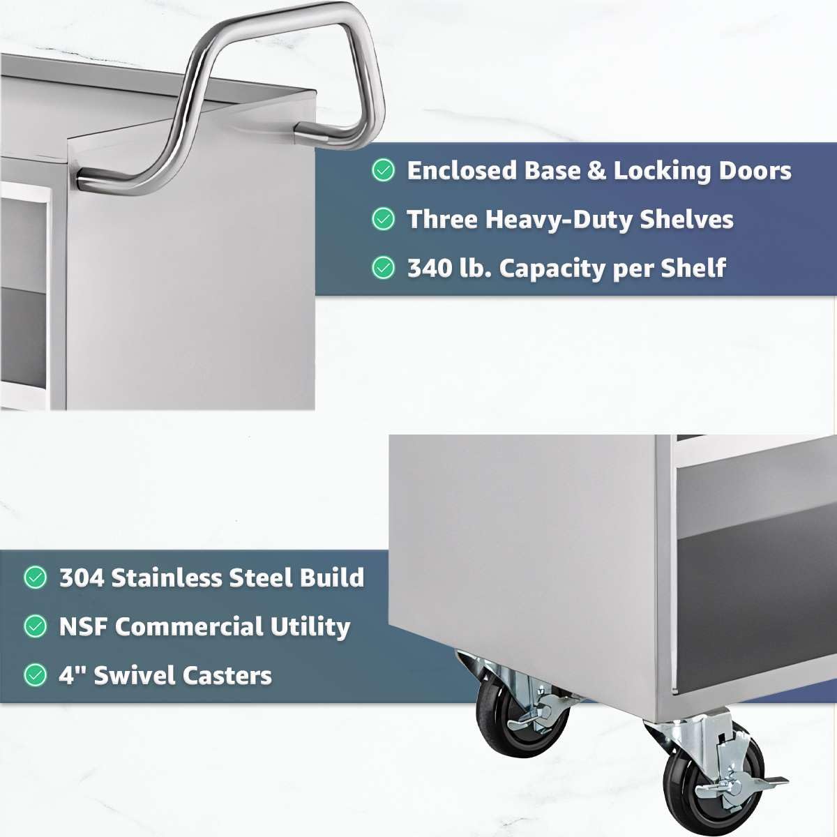 16" x 24" Stainless Steel Utility Cart with Enclosed Base and Locking Doors - 3 Shelf Heavy-Duty 18-Gauge 304 Steel Rolling Cabinet - NSF Commercial Service Cart for Kitchen, Catering, Restaurant