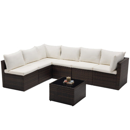 Sweetcrispy 7-Piece Outdoor Patio Sectional Sofa, Modular PE Wicker Outdoor Sectional with Thick Cushions, Rattan Patio Sofa Set with Coffee Table for Backyard, Poolside, Garden, Deck, Brown