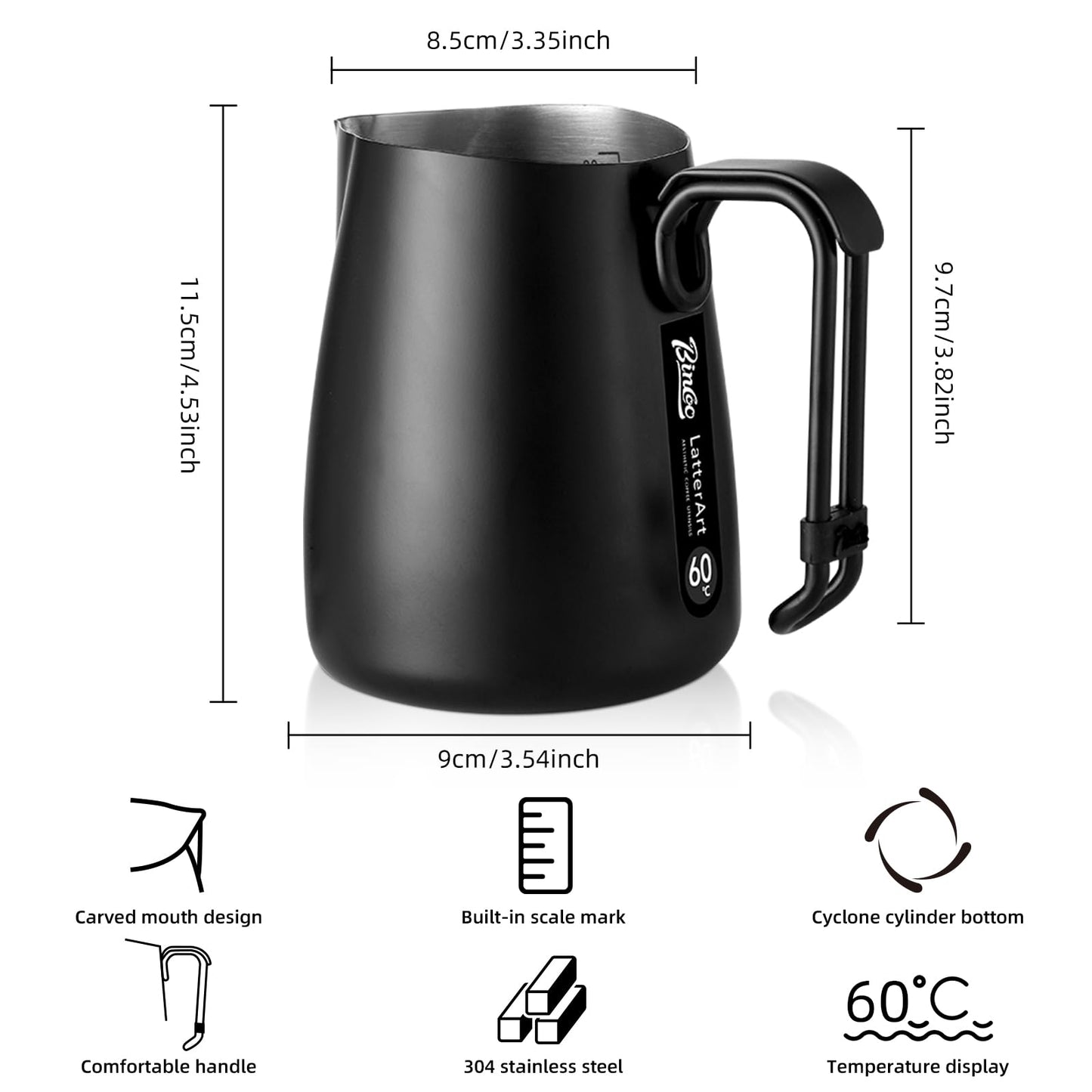 Bincoo Milk Frothing Pitcher,Espresso Milk Frothing Pitcher Stainless Steel 20oz/600ML Coffee Milk Frother Cup with Measurement Lines,Ergonomic Handle for Latte Art & Cappuccino