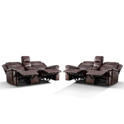 ANJ Geniune Leather Manual Loveseat Recliner Sofa Set of 2 with Center Console, Overstuffed 2-Seater Reclining Couch with Hidden Storage & Cup Holders, 2 Dual Recliner for Living Room, Rust Brown