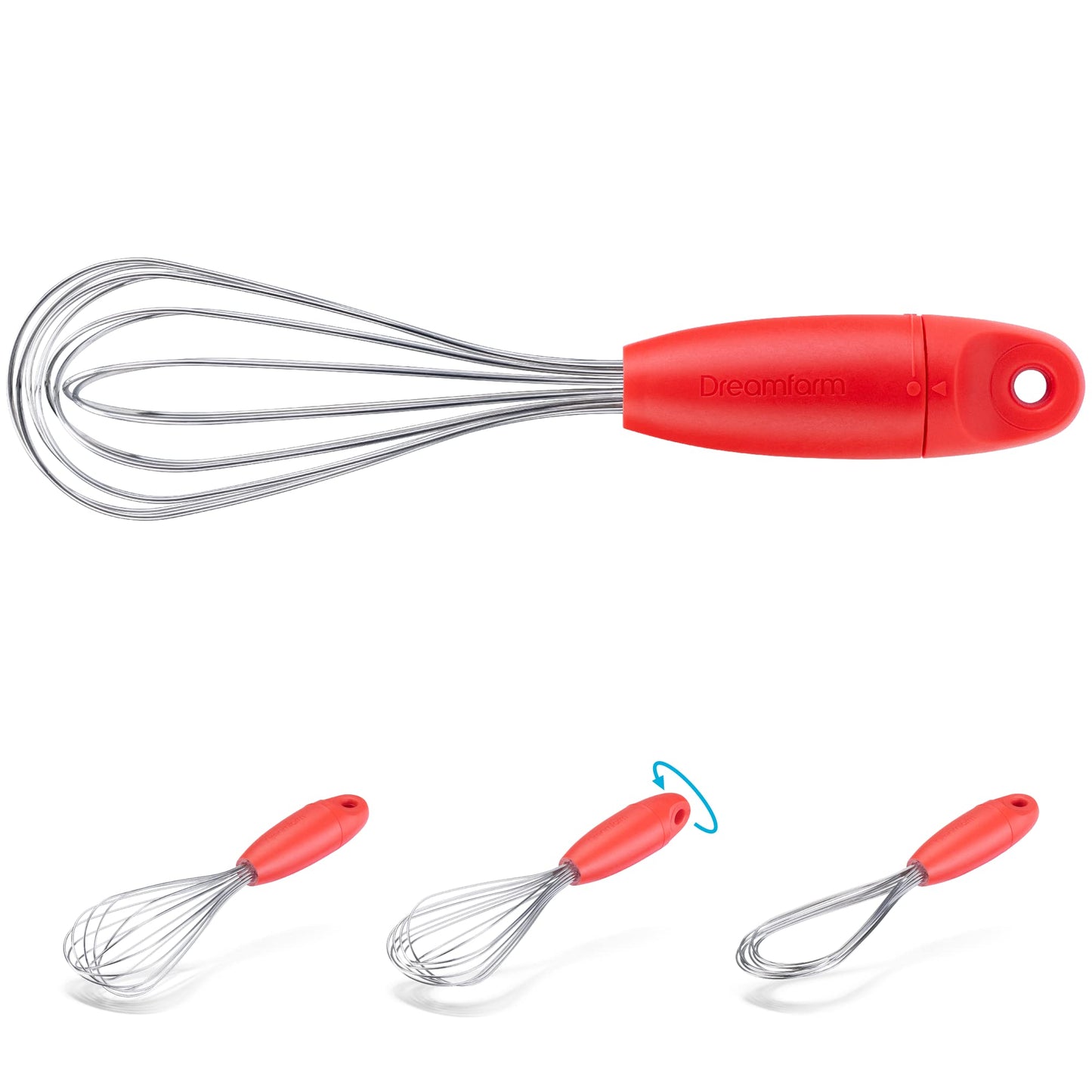 Dreamfarm Mini Flisk 3-in-1 Fold-Flat, Space-Saving Baking & Cooking Balloon Whisk, Sauce Whisk & Flat Deglazing Whisk, Stainless Steel - 9" Red