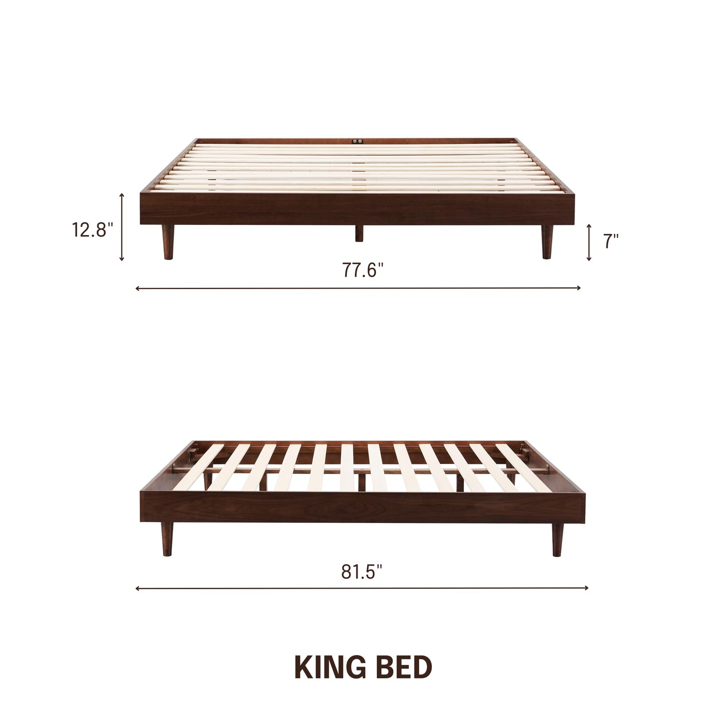 NTC Fly Wooden Bed Frame Without Headboard, Crafted from Walnut, Rubber Wood with Silent Slats and Wood Central Supports, 1000 Lb Capacity, Effortless Assembly, King - Dark Walnut