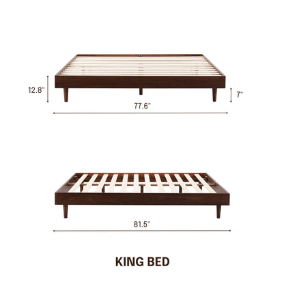 NTC Fly Wooden Bed Frame Without Headboard, Crafted from Walnut, Rubber Wood with Silent Slats and Wood Central Supports, 1000 Lb Capacity, Effortless Assembly, King - Dark Walnut