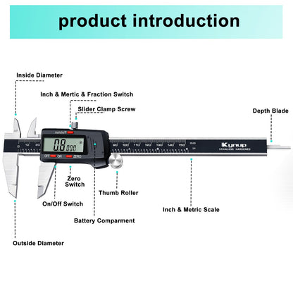 Kynup Digital Vernier Caliper, Caliper Measuring Tool, Outside Micrometer Dial Caliper with Stainless Steel, Large LCD Screen, Auto - Off Feature, Inch Metric Fraction Conversion (6Inch/150mm)