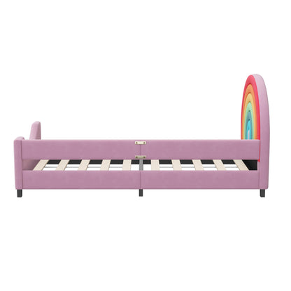 Merax Rainbow Design Velvet Upholstered Twin Daybed for Children's Room, Bedroom, Cute Style Metal Bed Frame with Solid Slats Support for Girls, Boys, Teens, No Box Spring Needed, Pink