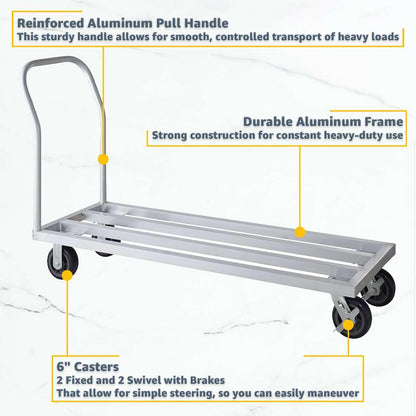 20" x 60" Mobile Aluminum Dunnage Rack - 1600 lb. Capacity, Heavy-Duty Rolling Storage Platform with Handle and Casters, NSF Certified Aluminum Rack for Kitchen, Warehouse, Food Storage